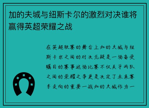 加的夫城与纽斯卡尔的激烈对决谁将赢得英超荣耀之战